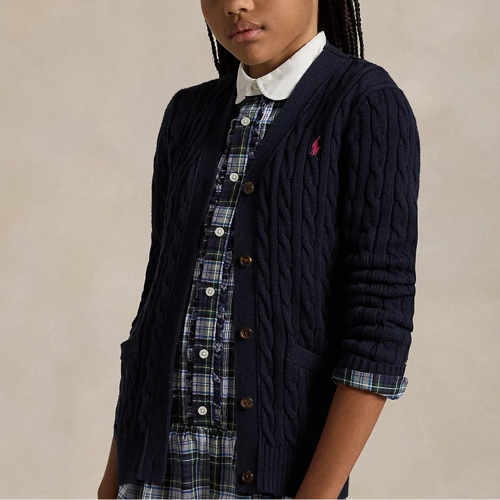 Ralph Lauren Cable-Knit Cotton V-Neck Cardigan Navy / College Pink (XL)